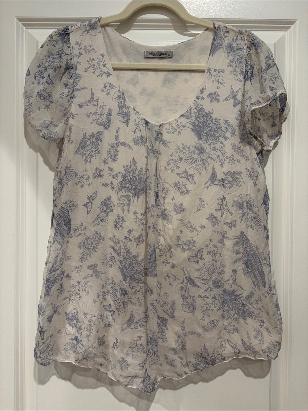 Elena Baldi Women’s Cream Floral Print Short-Sleeve Romantic Silk Blouse, M